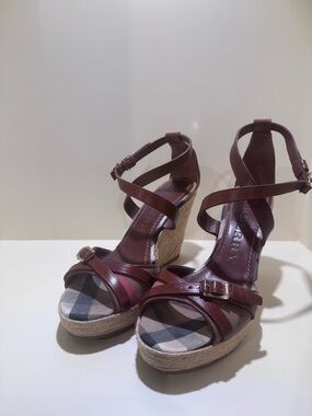Burberry Burgundy Leather Espadrille Wedge Sandals
